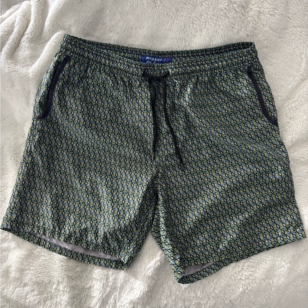 Mr.Swim Navy and Olive Geometric Swim Trunks